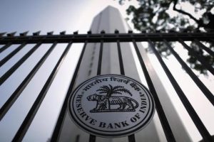 The Reserve Bank of India seal is pictured on a gate outside the RBI headquarters in Mumbai