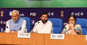 The Union Minister for Consumer Affairs, Food and Public Distribution, Shri Ram Vilas Paswan addressing a press conference on the achievements of the Ministry during 3 years of NDA Government, in New Delhi on May 15, 2017. The Minister of State for Consumer Affairs, Food and Public Distribution, Shri C.R. Chaudhary, the Secretary, Department of Food and Public Distribution, Ms. Preeti Sudan, the Secretary, Department of Consumer Affairs, Shri Jagdish Prasad Meena and the Director General (M&C), PIB, Ms. Ira Joshi are also seen.