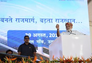 The Prime Minister, Shri Narendra Modi delivering his address after inauguration and foundation stone laying for several major highway projects, at Udaipur, in Rajasthan on August 29, 2017.