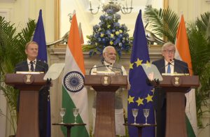 The Prime Minister, Shri Narendra Modi, the President, European Council, Mr. Donald Franciszek Tusk and the President, European Commission, Mr. Jean-Claude Juncker at the joint press statement, at Hyderabad House, in New Delhi on October 06, 2017.